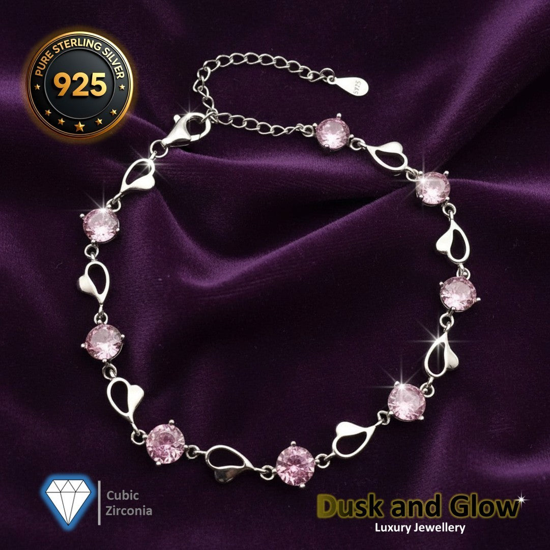 Women Heart Charm Bracelet 925 Sterling Silver CZ Crystal Stone Ladies Gift UK0