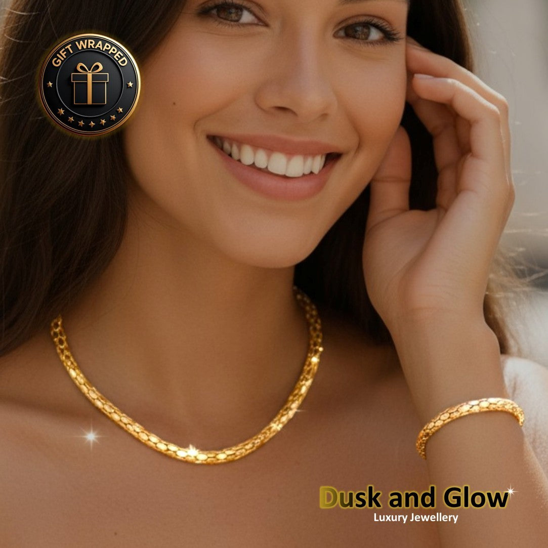 Gold Mesh Chain Jewellery Gift Set Luxury Necklace Bracelet Women Wedding UK NEW0