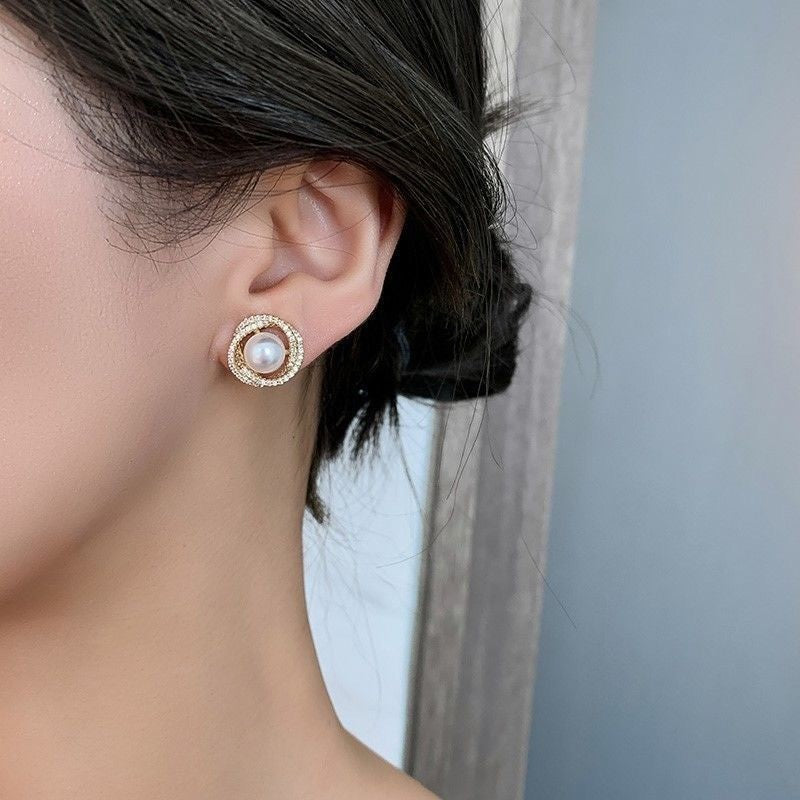 Faux Stone Pearl Stud Earrings Cubic Zirconia Women Ladies Jewellery Gift UK NEW2