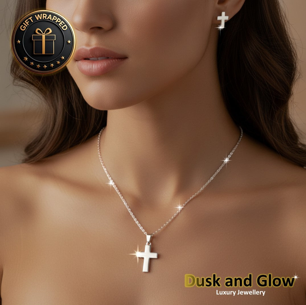 Womens Ladies Cross Jewellery Gift Set Necklace Earrings Christ UK BRAND NEW0