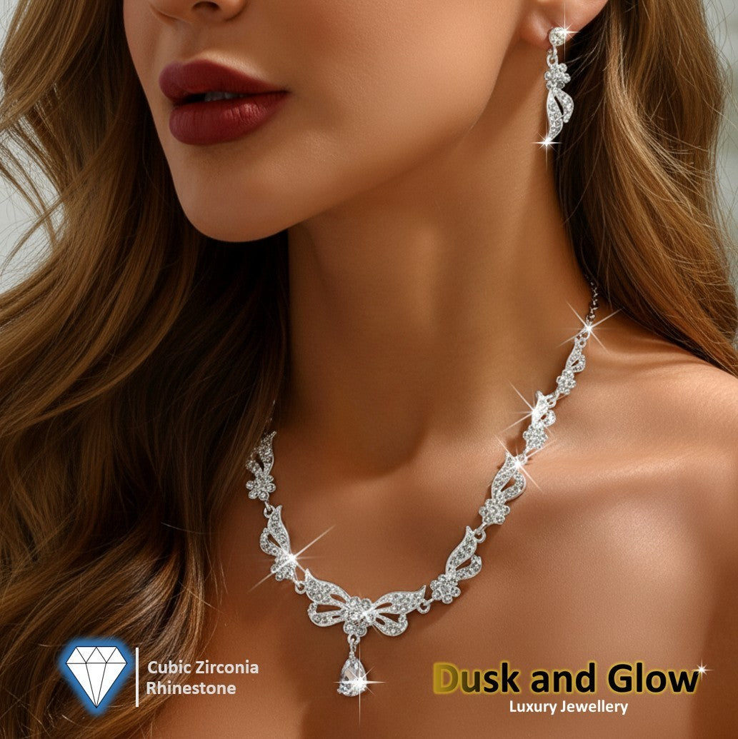 UK Women Ladies Fashion Silver Jewelry Necklace Drop Earrings Set Wedding Gift0