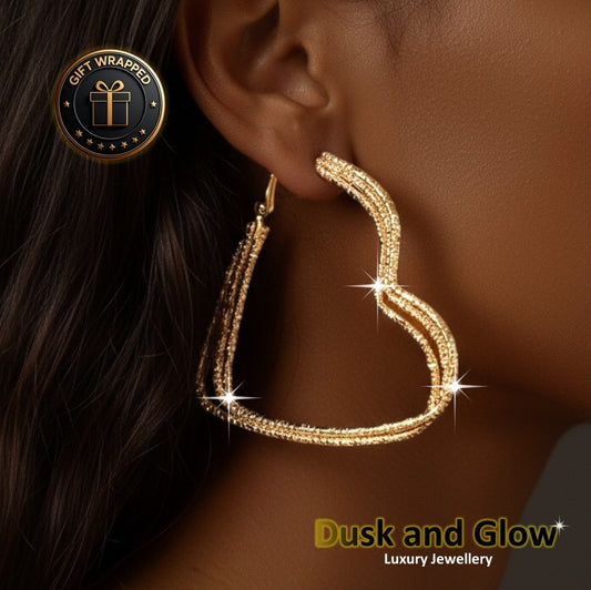 Gold Glitter Large Heart Hoop Earrings Women Ladies Girl Jewellery Gift UK NEW0