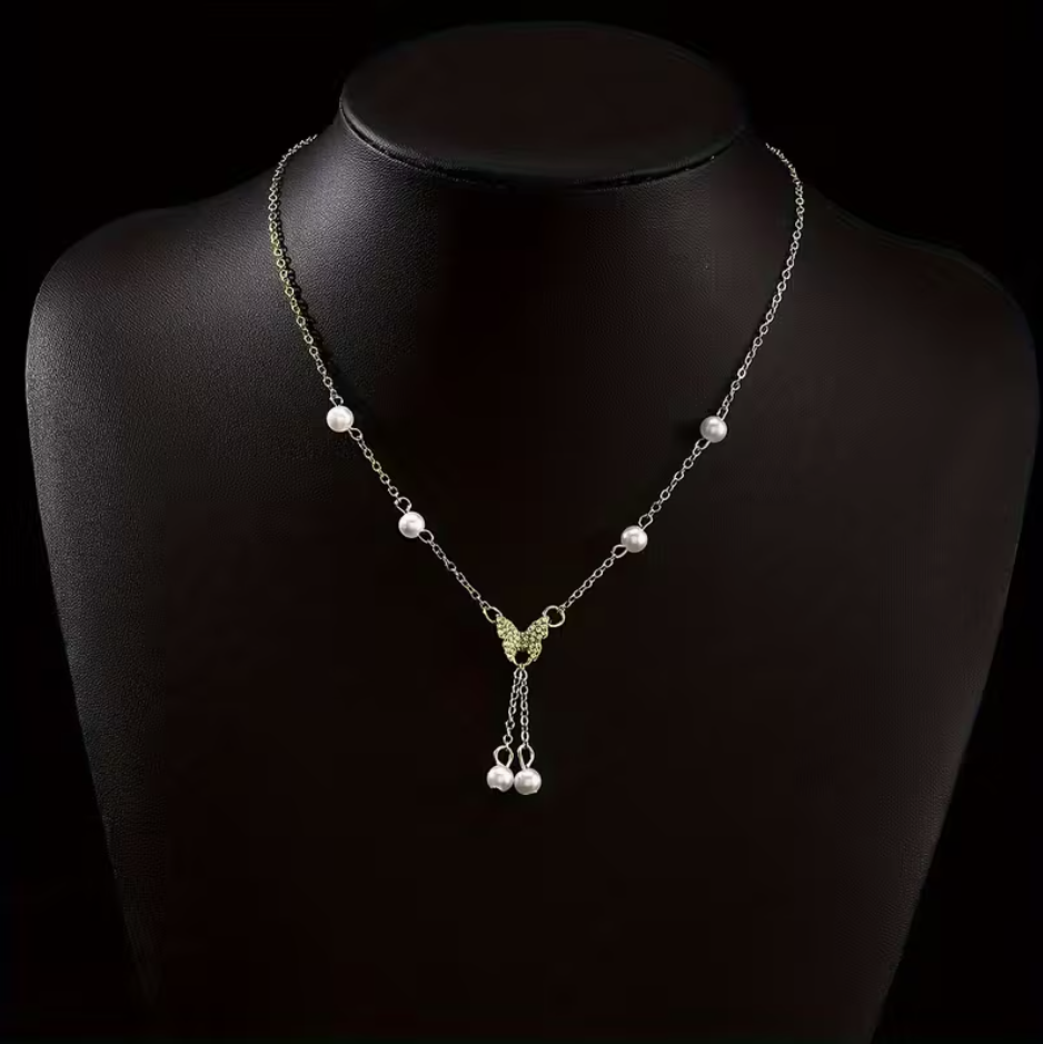 Faux Stone Pearl Necklace Cubic Zirconia Butterfly Charm Women Ladies Gift UK3