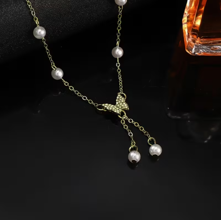 Faux Stone Pearl Necklace Cubic Zirconia Butterfly Charm Women Ladies Gift UK2