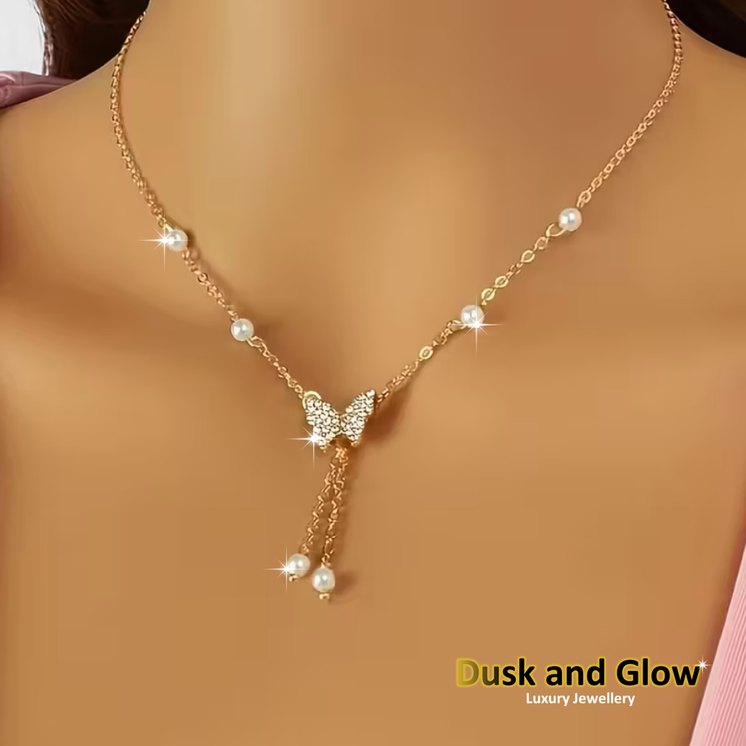 Faux Stone Pearl Necklace Cubic Zirconia Butterfly Charm Women Ladies Gift UK0