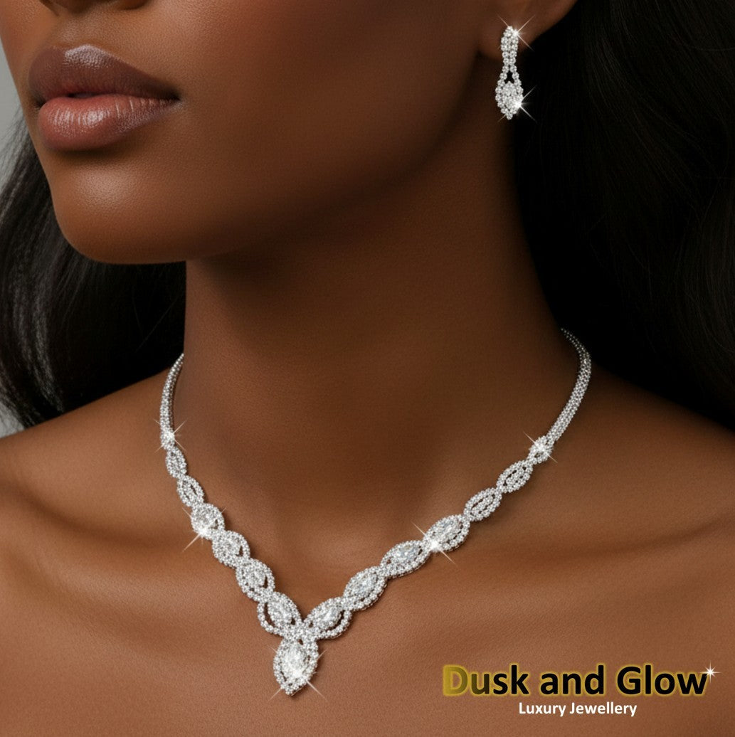 UK Women Ladies Fashion Silver Jewelry Necklace Drop Earrings Set Wedding Gift0