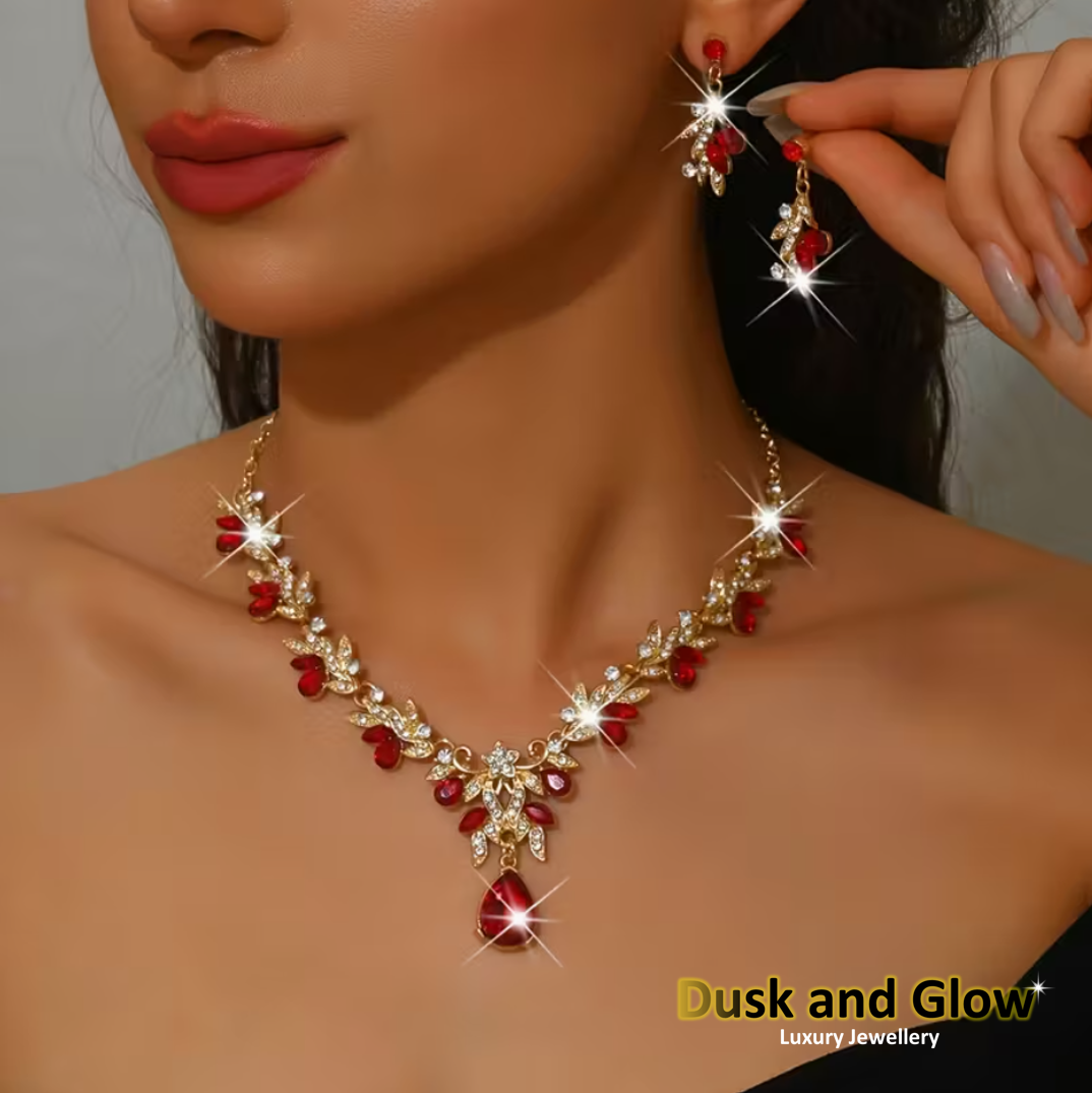 Stunning Red Jewelry Gift Set Necklace Earrings Glass Gems Women Ladies UK NEW0