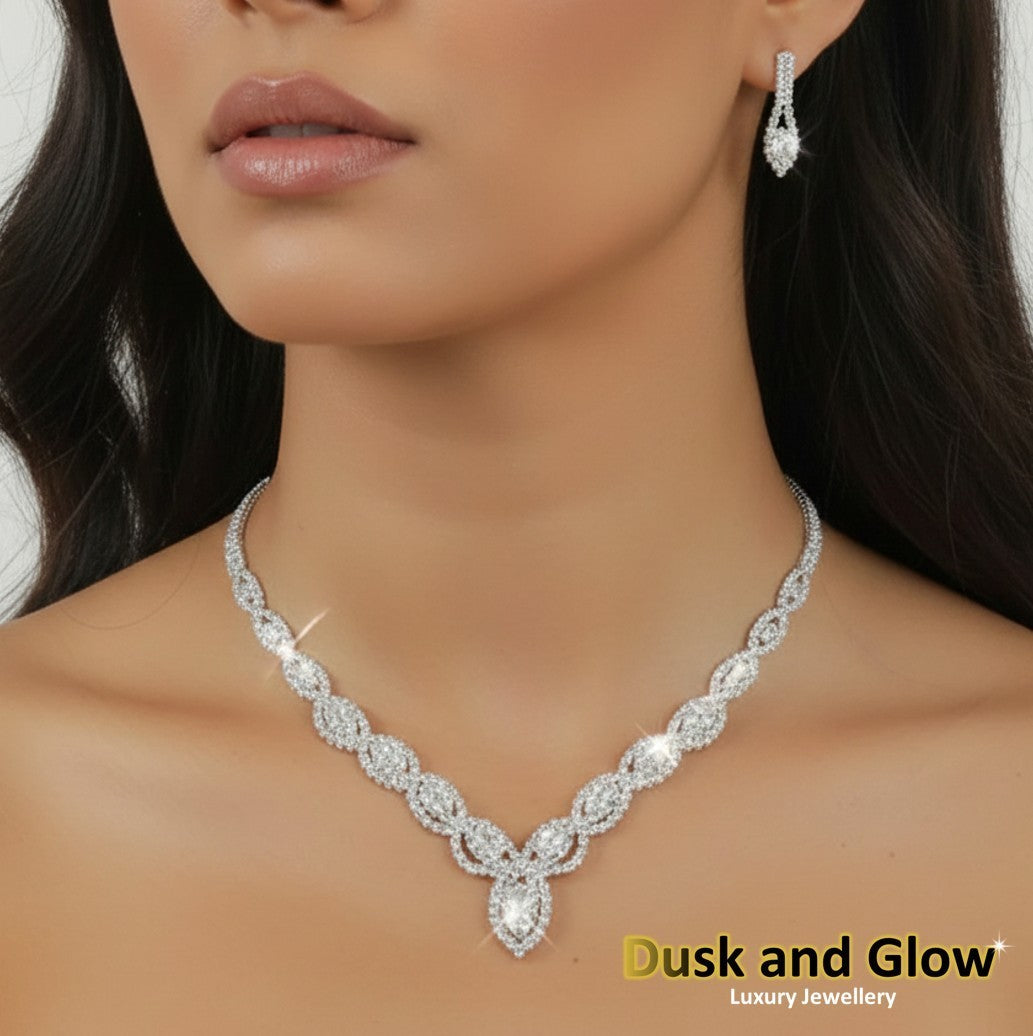UK Women Ladies Fashion Silver Jewelry Necklace Drop Earrings Set Wedding Gift1